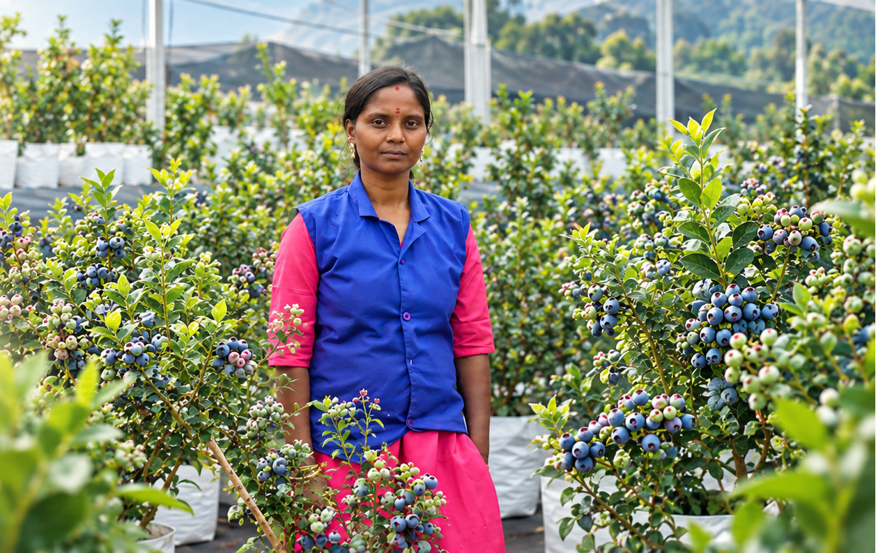 Farm team members tending to montane blueberry rows under natural sunlight in Kotagiri