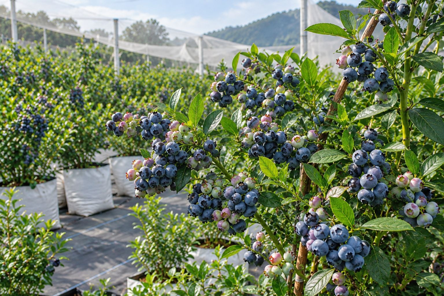 Aligned blueberry substrate beds and drip fertigation lines in Kotagiri hills under overcast light